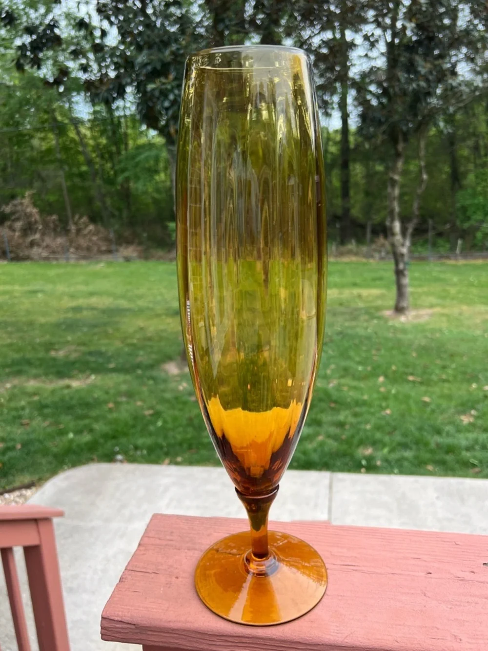 Tall Amber Glass Stem Vase 16.5” Mid Century Modern Decor Optic Panel